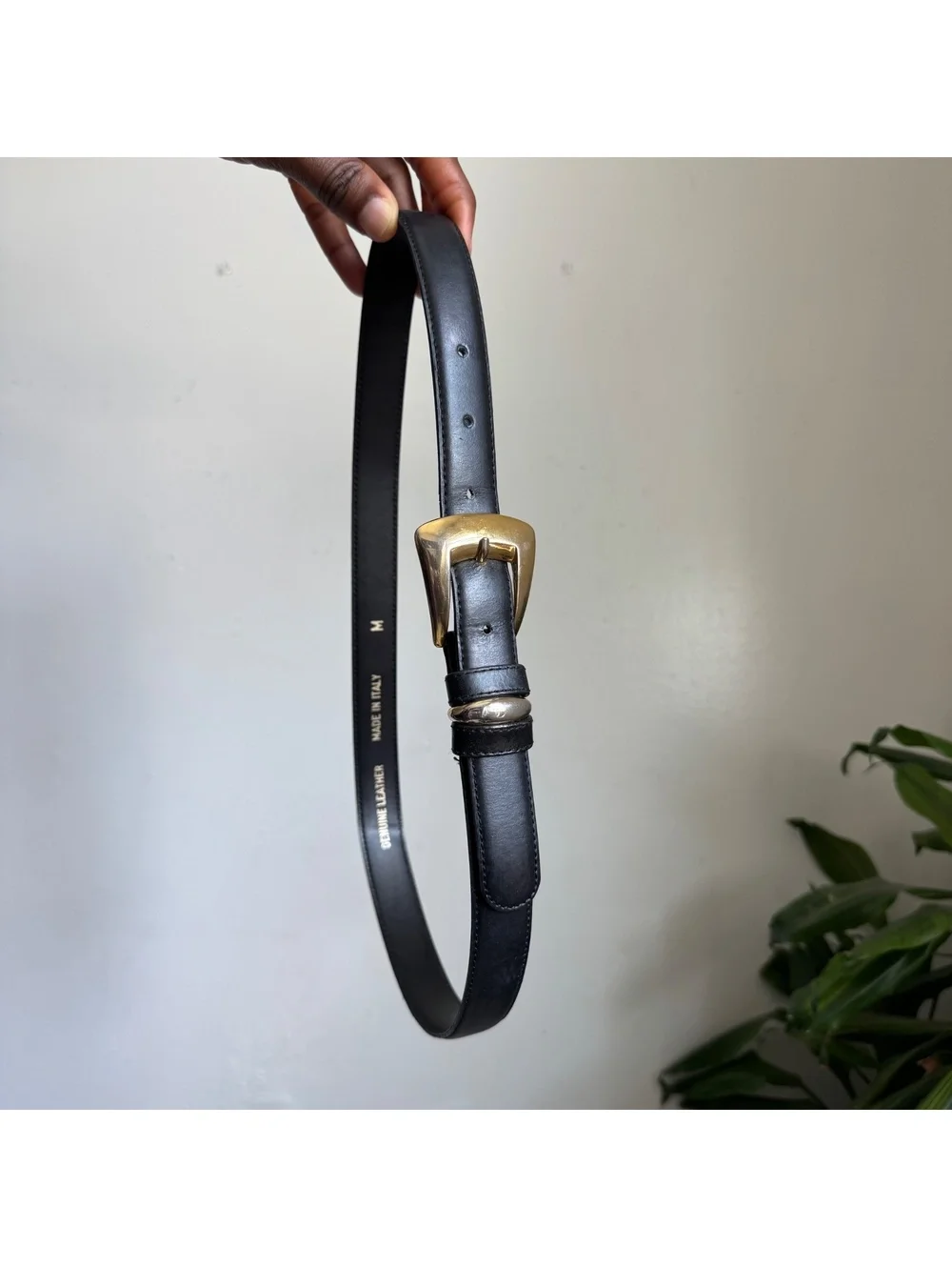Vintage 90s Italian Leather Belt Black Gold Chunky Buckle Made in Italy - M
